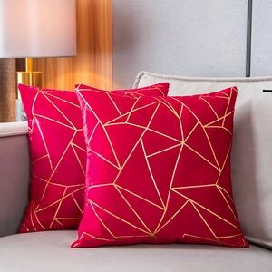 Pack of 2 18x18 Red & Gold Soft Velvet Decorative Cushion Covers/ Pillow Cases